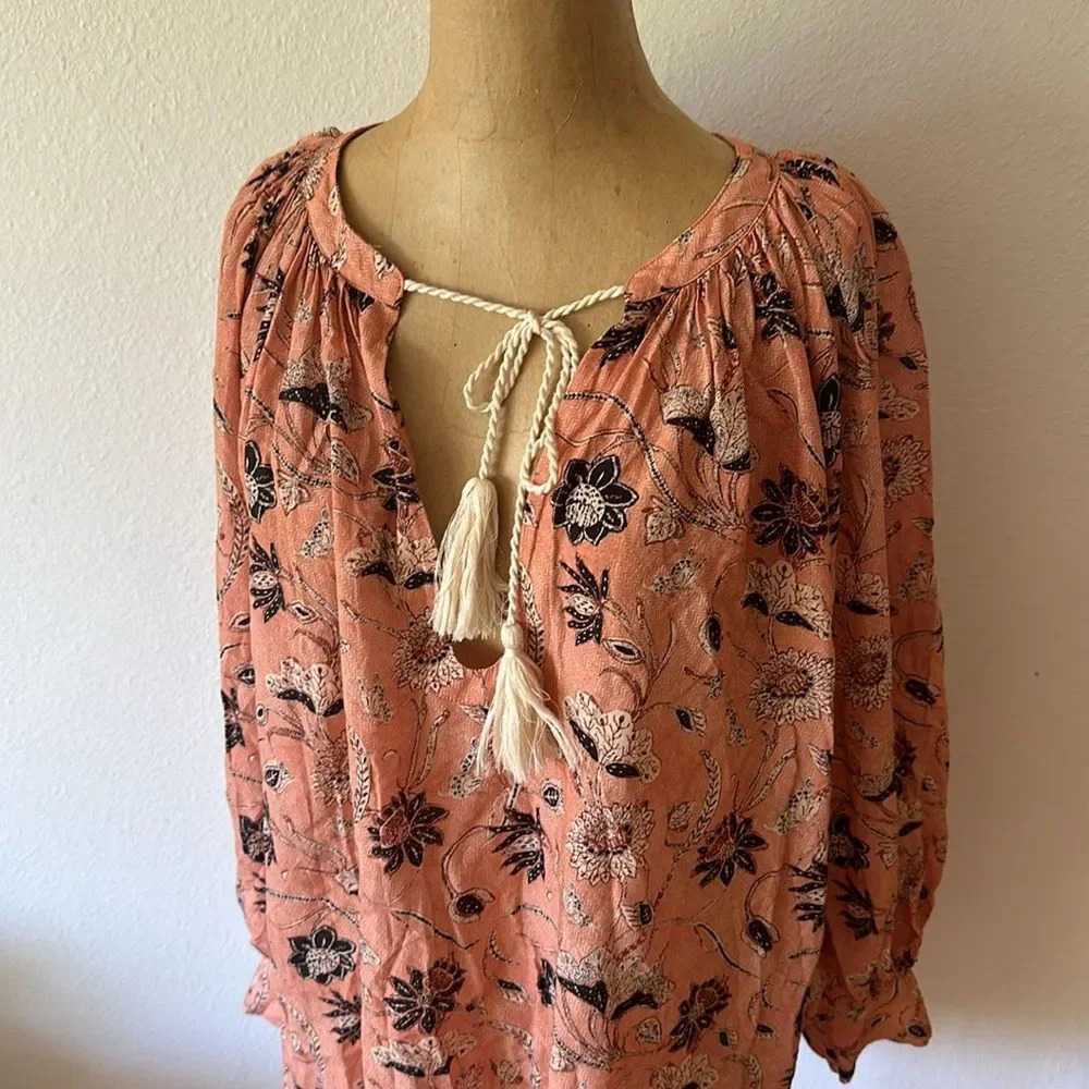 Ulla Johnson sz L (could also fit XL) Indian style print blouse peach black VGUC - Picture 3 of 8